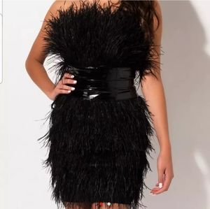 Ostrich feather patent belt dress